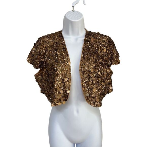 Betsy Johnson Gold Sequined Cropped Shrug Cardigan Cap Sleeve Women’s L - Picture 1 of 9